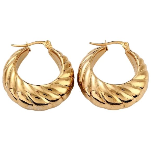 24K Gold Plated Rib Lined Hoop Pierced Post Earrings 32mm Long Thick Band - Picture 3 of 12